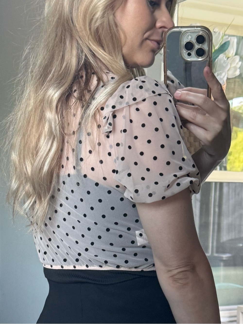 LE LIS Polka Dot Sheer Puff Sleeve Top - Peachy Tone Cream and Black - Picture 10 of 14